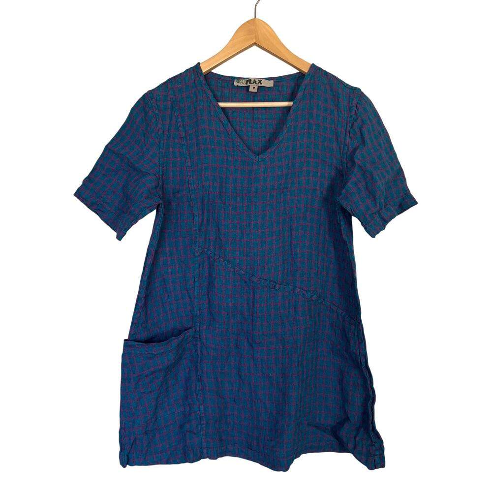 FLAX Linen Tunic Top Size P 4-6 Blue Plaid Pullover Boho Artsy Lagenlook Blouse